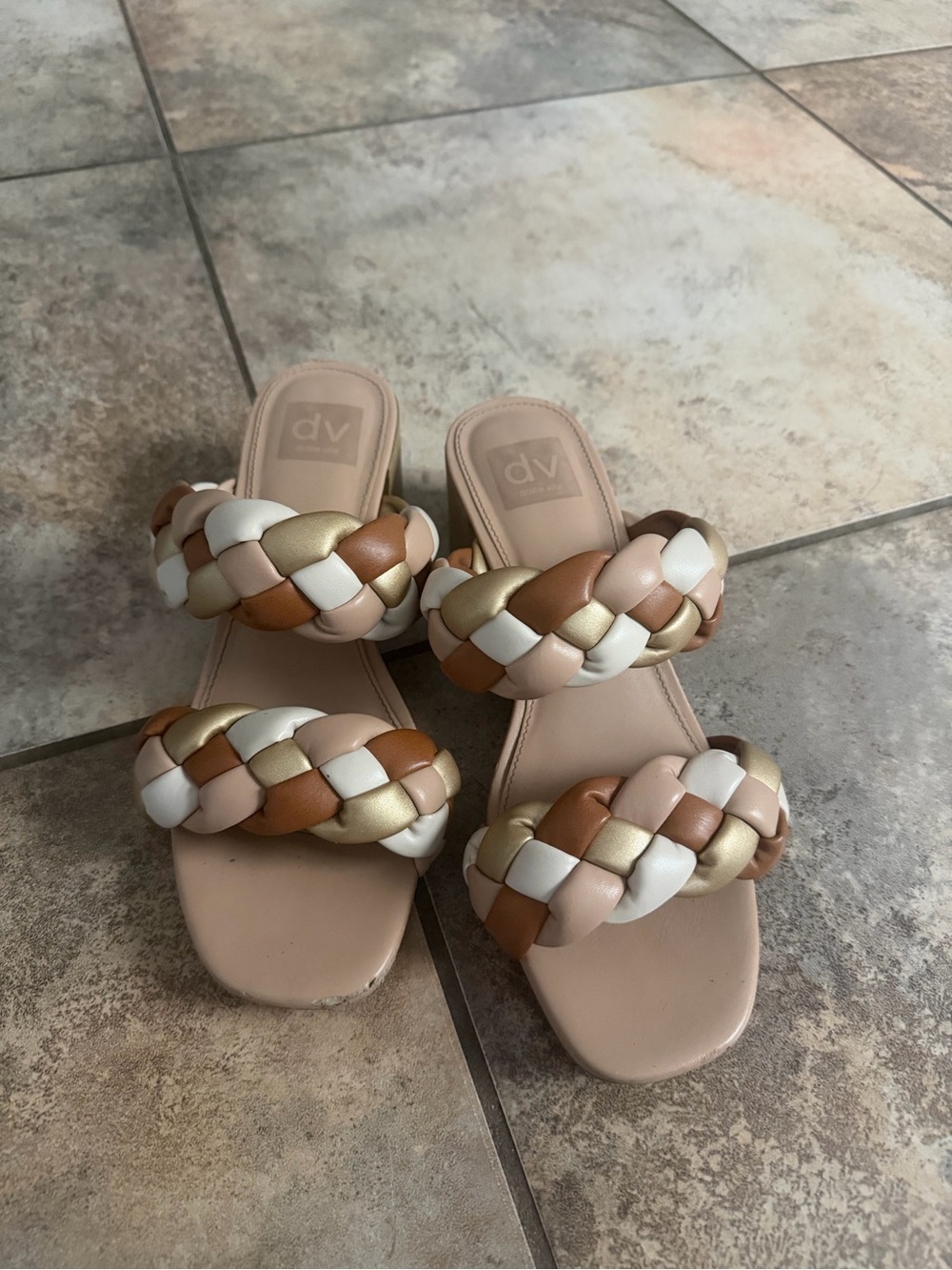 DV by Dolce Vita Braided Double-Strap Slide Sandals in Tan, White & Gold